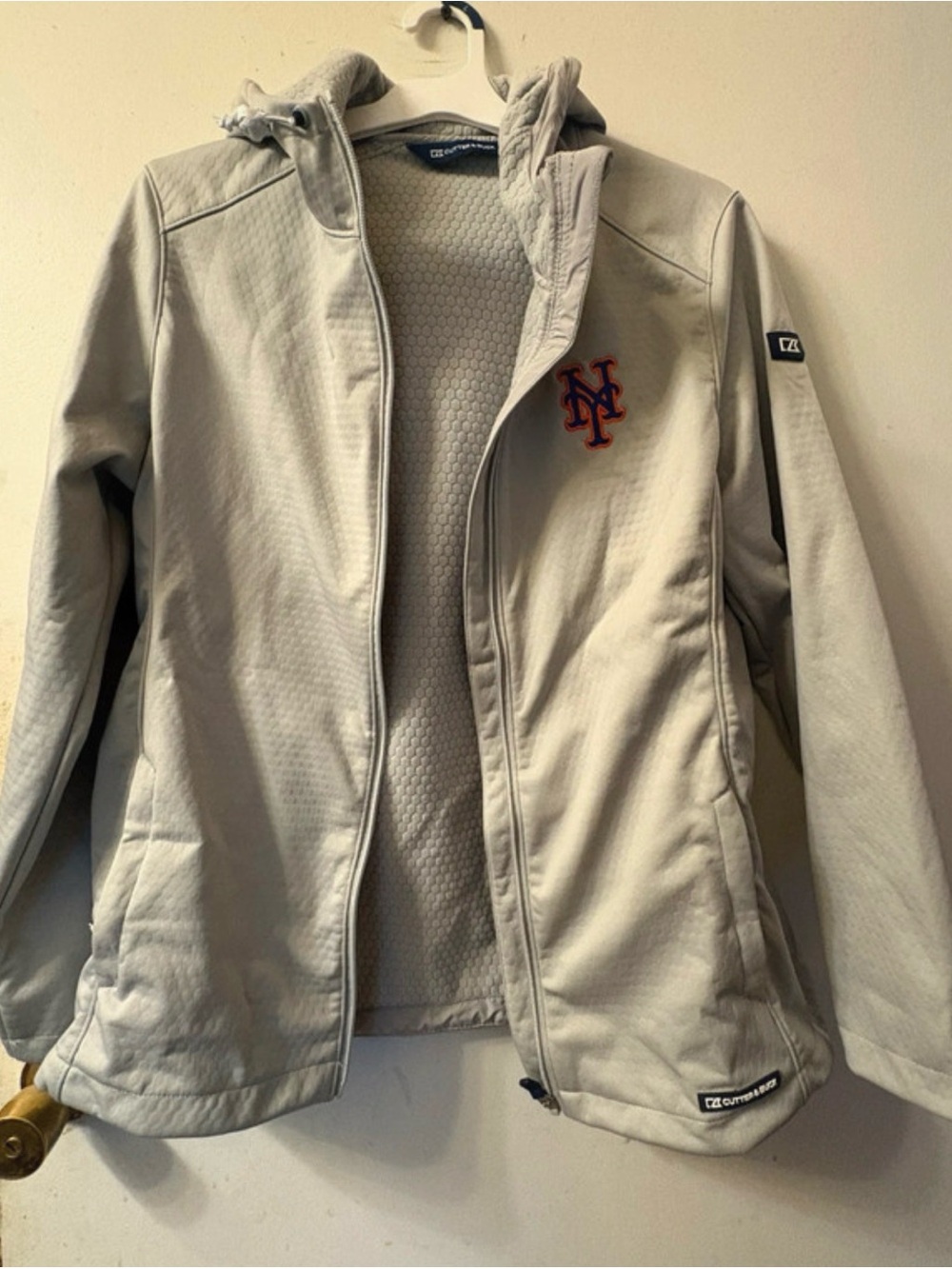 Cutter & Buck Cream Hooded Utility Jacket with NY Mets Logo